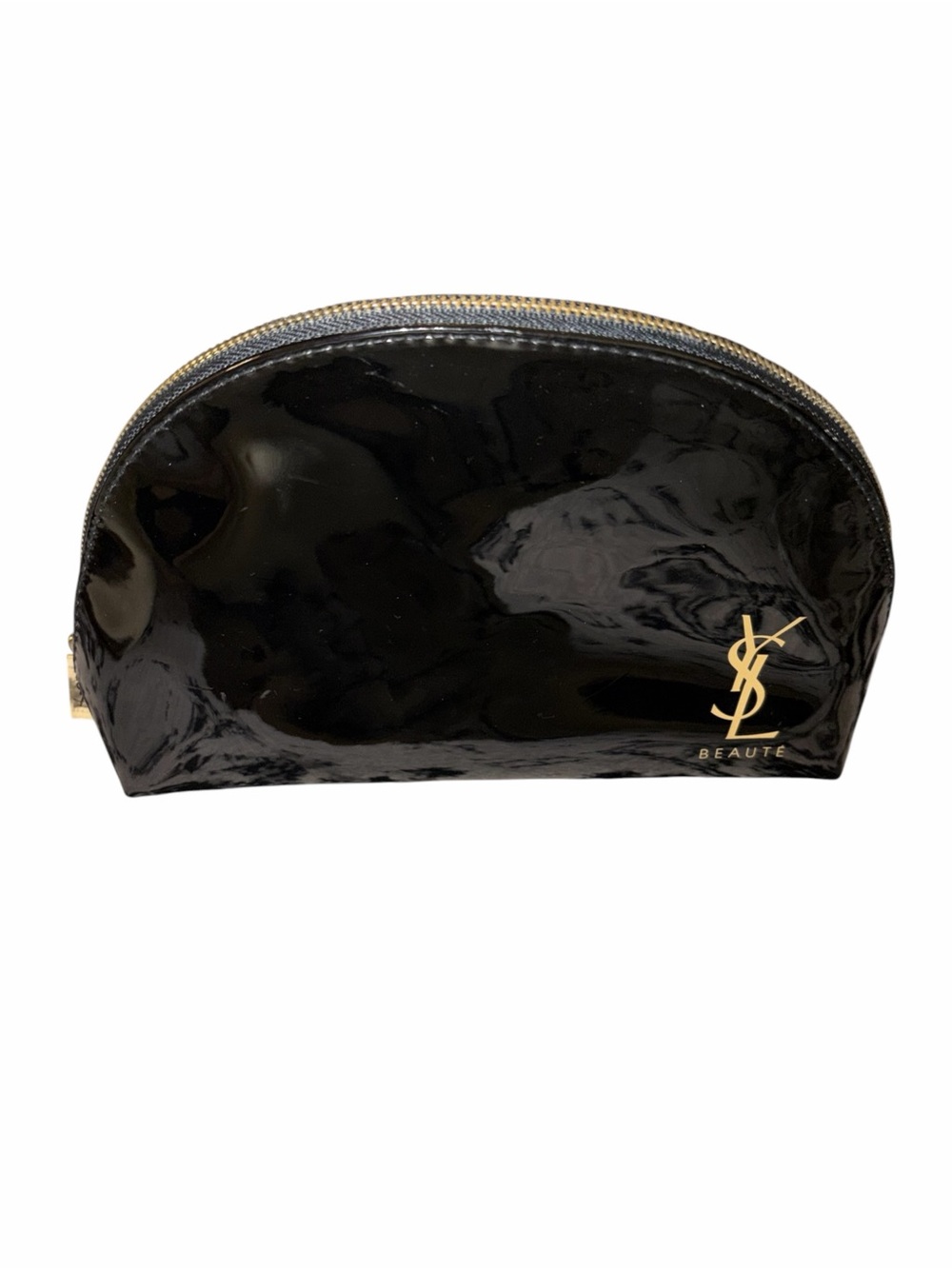 YSL Beauté Black Patent Cosmetic Makeup Bag Gold Logo Pouch Luxury Metallic